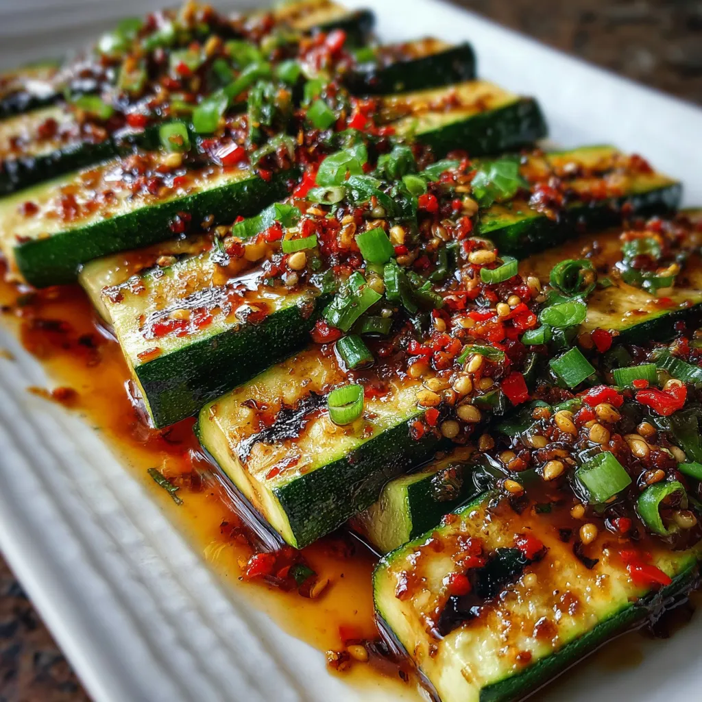 Grilled zucchini slices drizzled with spicy Asian sauce and topped with green onions and sesame seeds