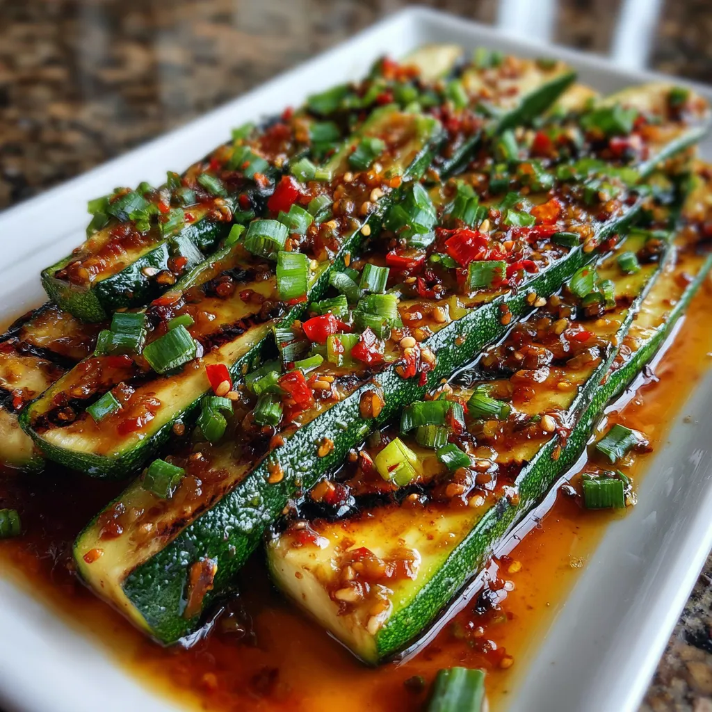 Grilled zucchini slices drizzled with spicy Asian sauce and topped with green onions and sesame seeds
