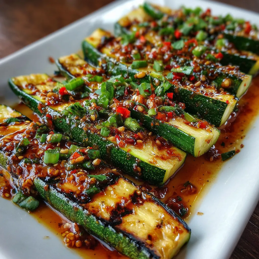 Grilled zucchini slices drizzled with spicy Asian sauce and topped with green onions and sesame seeds
