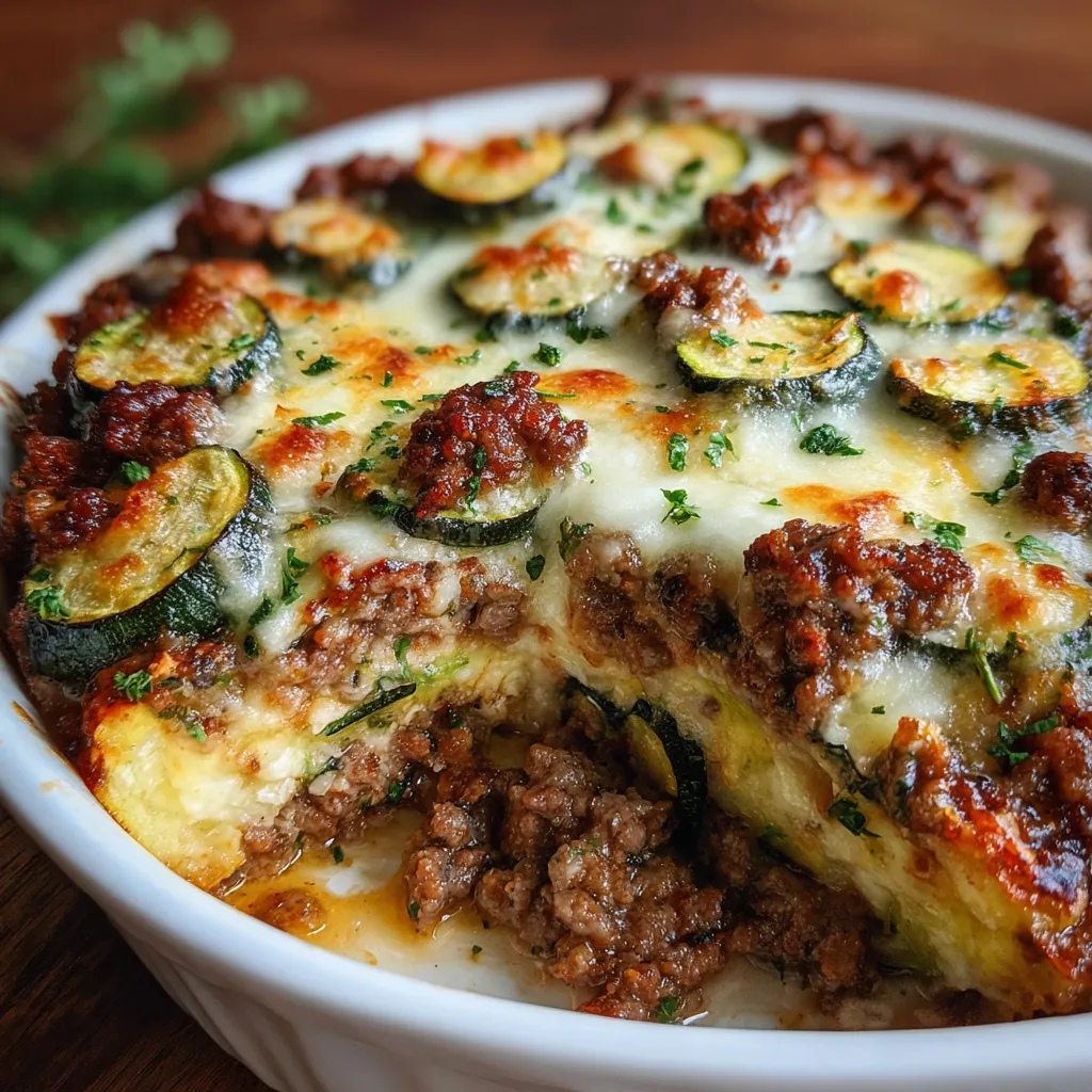 Ground beef zucchini bake in a white casserole dish with bubbling melted cheese on top