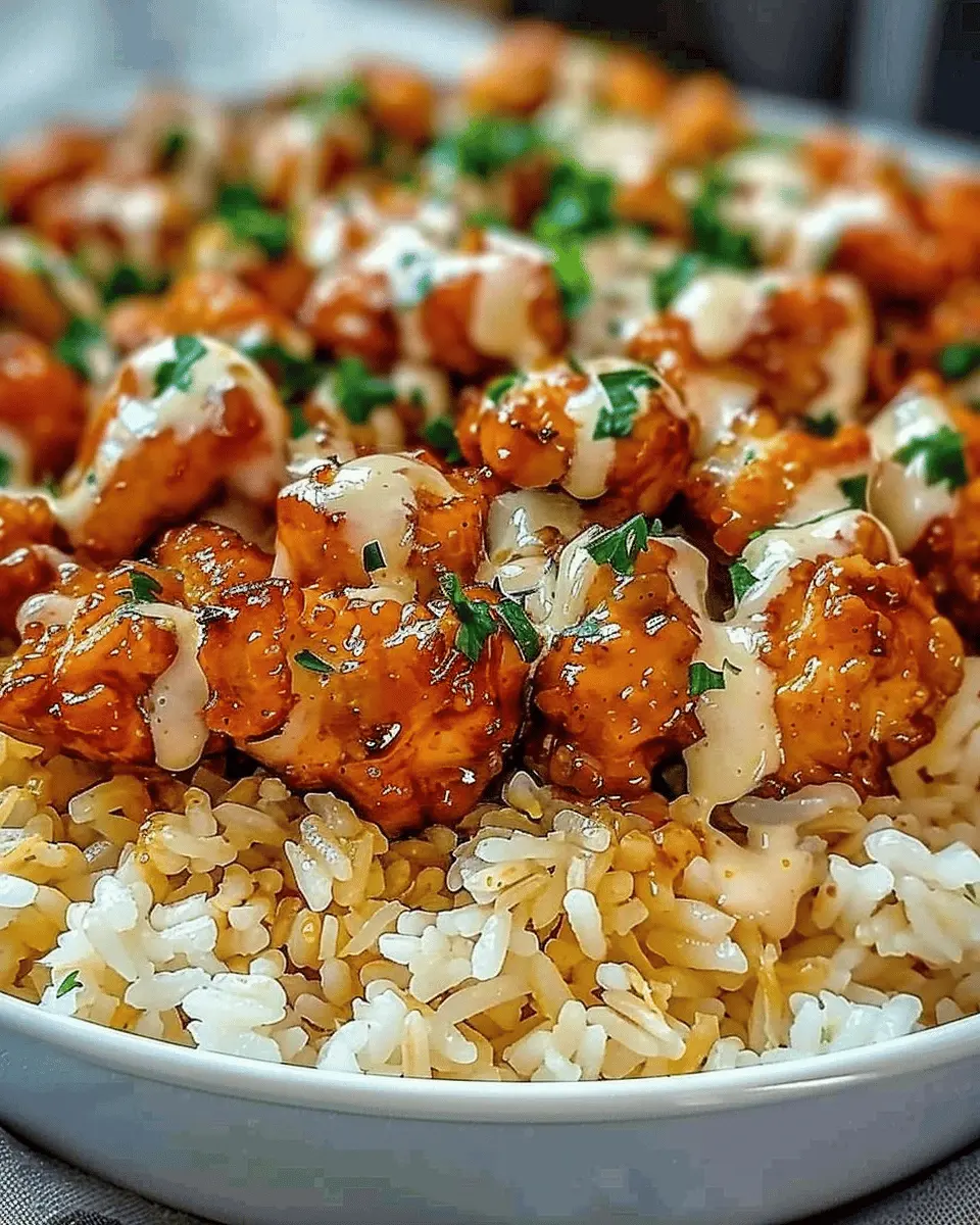 HONEY GARLIC CHICKEN BITES OVER CREAMY RICE