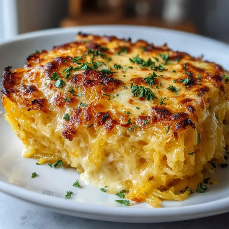 Healthy spaghetti squash au gratin in a white baking dish topped with golden cheese and fresh herbs.