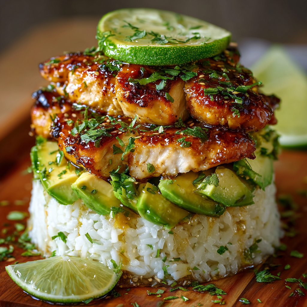 Honey Lime Chicken and Avocado Rice Stack – layered rice, avocado mash, and honey-lime chicken served in a ring mold.