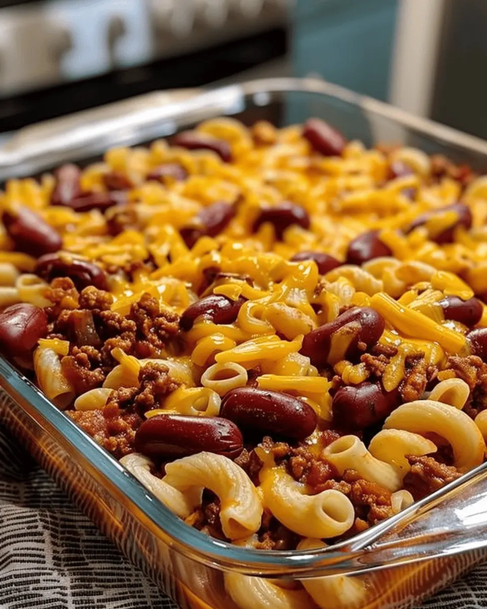 Loaded Chili Cheese Dog Pasta Bake