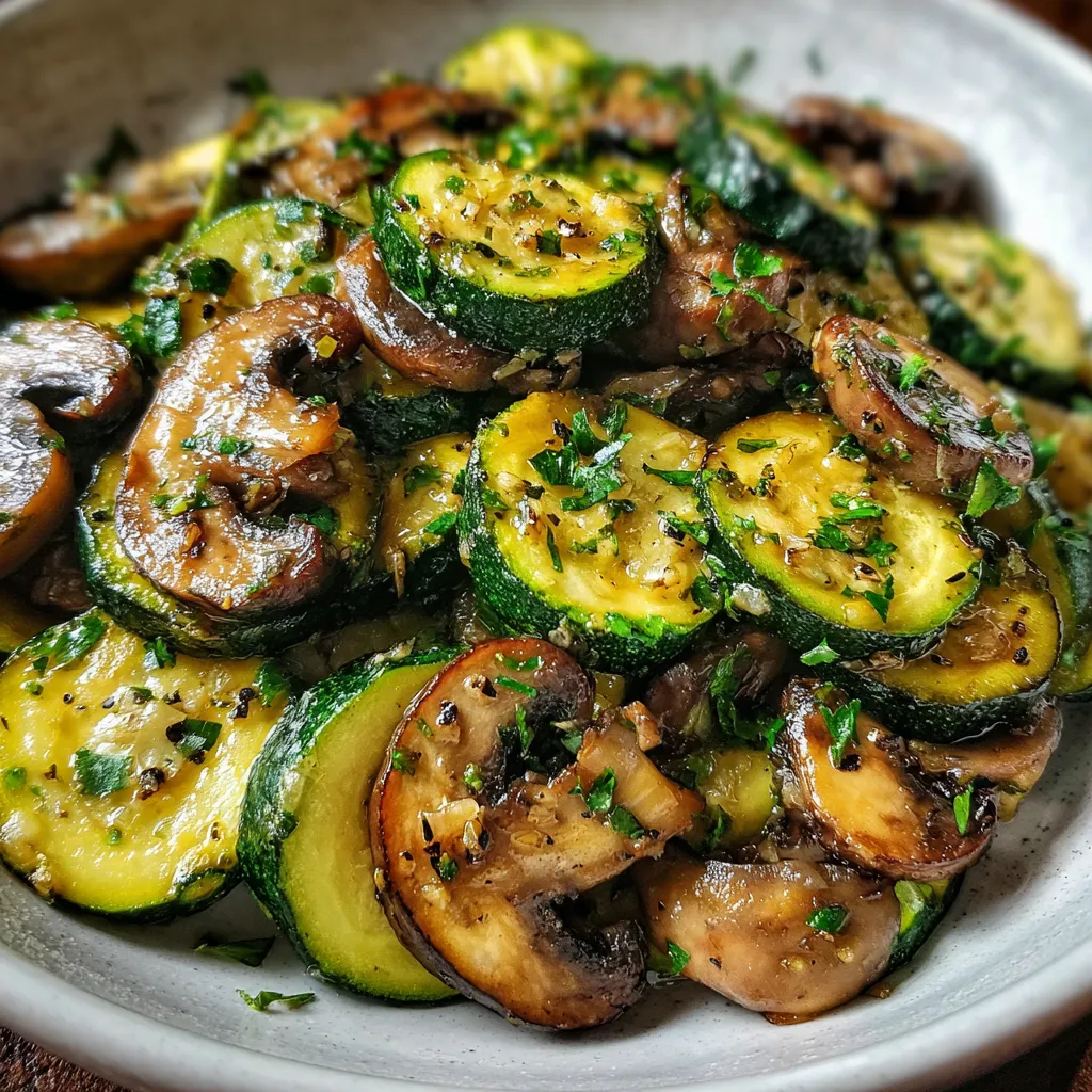 Close-up of low-carb sautéed zucchini and mushrooms in a skillet with fresh herbs