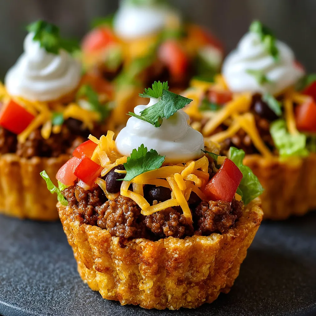 Mini taco cupcakes baked in muffin tins with melted cheese and crispy wonton wrappers