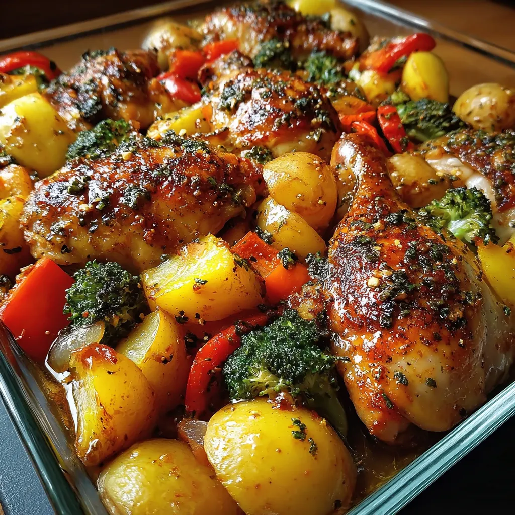 One-pan roasted chicken thighs with golden potatoes, bell peppers, and broccoli on a parchment-lined sheet pan.