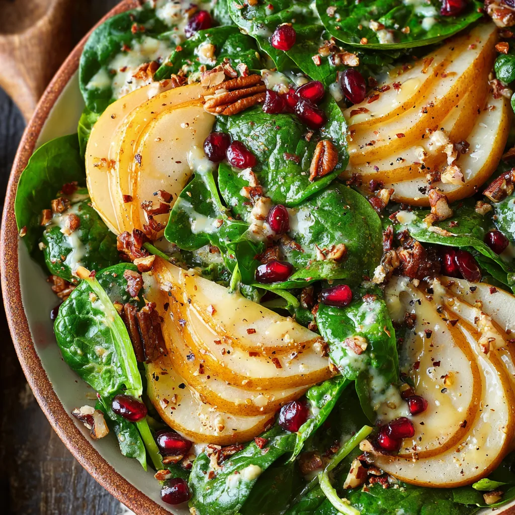 Fresh pear spinach salad with maple lemon dressing, feta, and toasted walnuts on a white plate