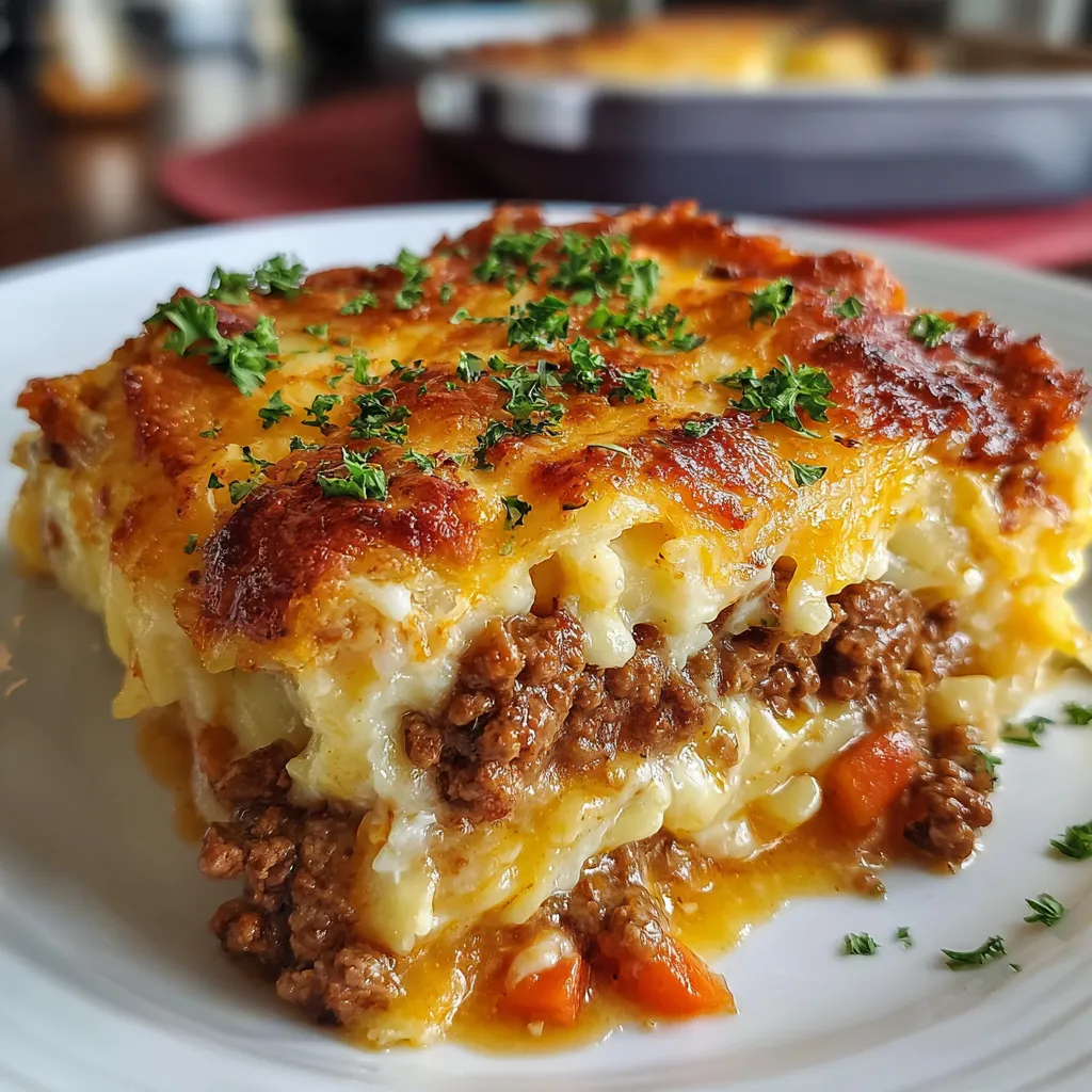 A baked Poor Man Husband Casserole in a white dish, topped with melted cheese and sprinkled with parsley.