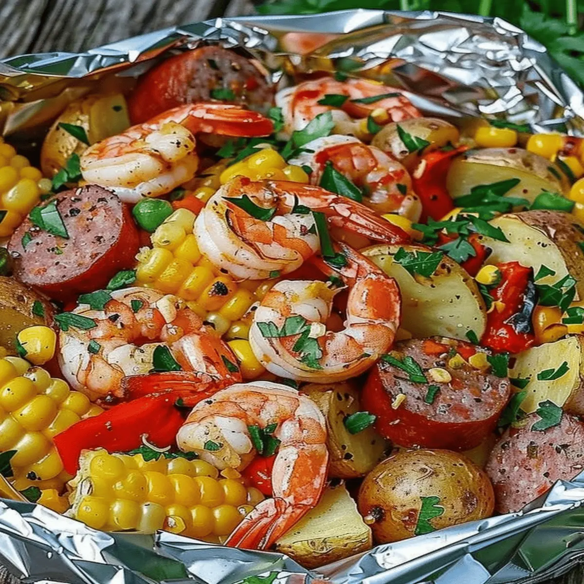 Shrimp, Corn, Potatoes, and Smoked Sausage Foil Pack