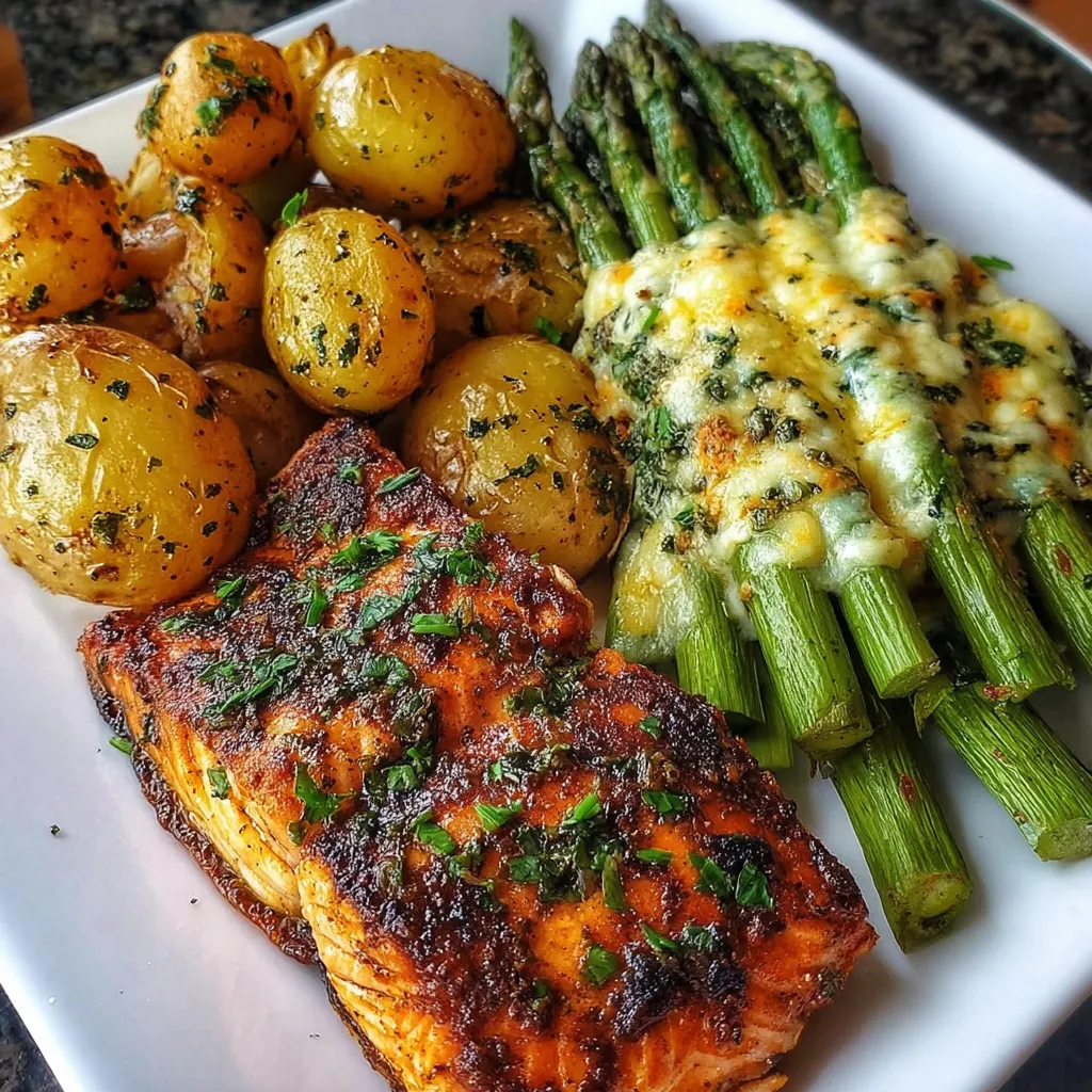 Seared spiced salmon served with cheesy asparagus and roasted garlic herb potatoes on a white plate