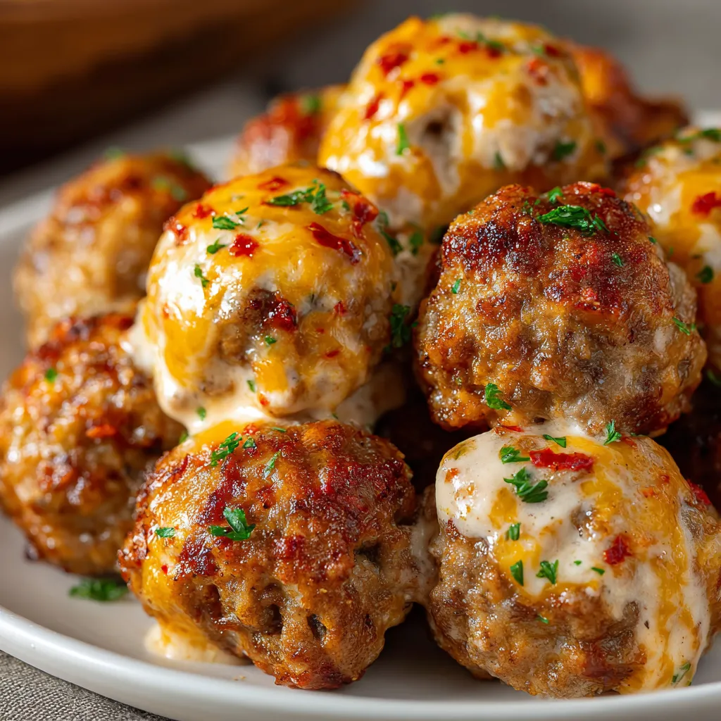 Golden brown spicy sausage balls with melted cheese and diced tomatoes on a baking tray