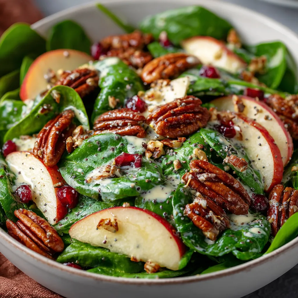 Bowl of fresh spinach apple pecan salad drizzled with poppyseed dressing