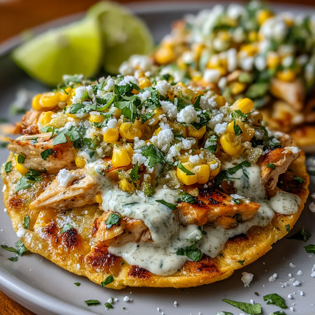 Crispy tostadas topped with shredded chicken, street corn, melted cheese, and cilantro lime cream on a baking tray.

