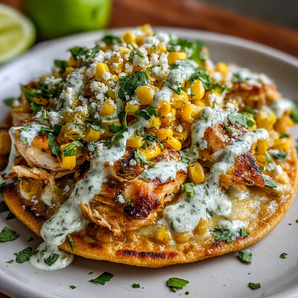Crispy tostadas topped with shredded chicken, street corn, melted cheese, and cilantro lime cream on a baking tray.