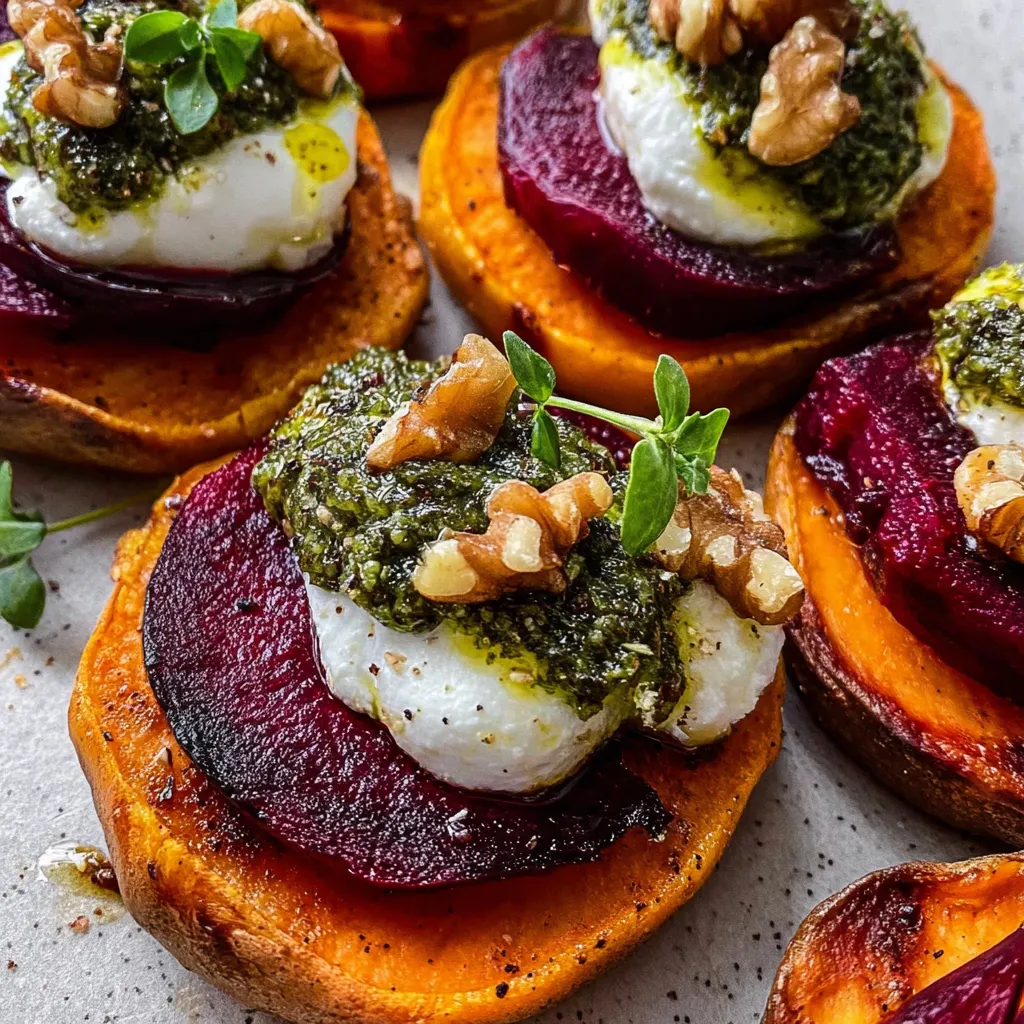 Sweet potato rounds topped with burrata, roasted beets, and walnut sage pesto on a serving platter