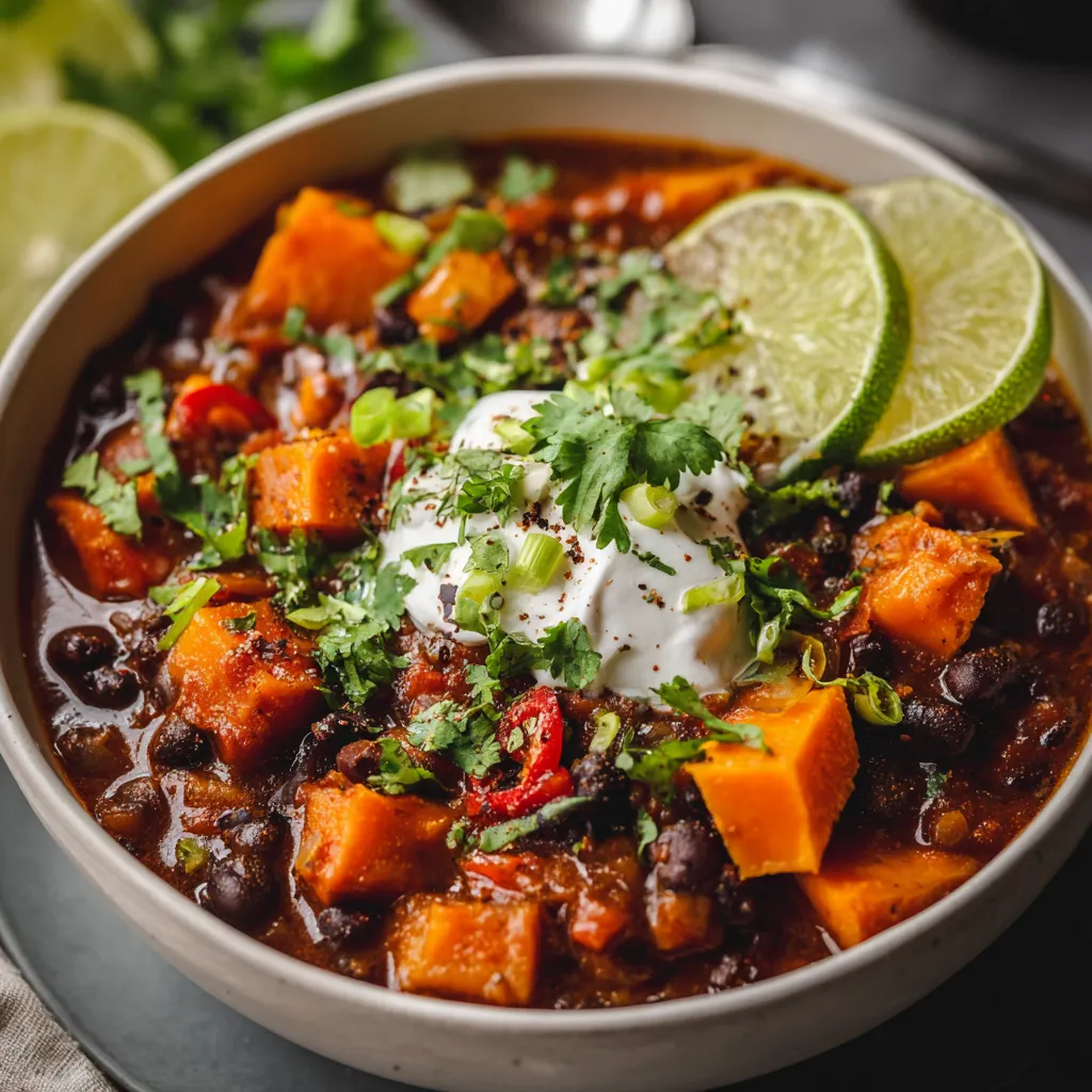 A bowl of Sweet Potato and Black Bean Chili topped with avocado, cilantro, and lime.