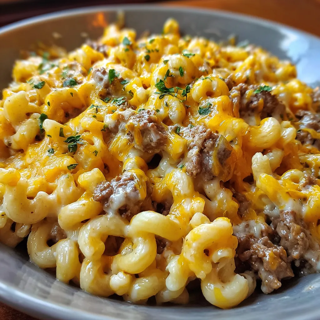 A creamy skillet filled with macaroni, ground beef, and melted cheddar cheese, garnished with chopped parsley.