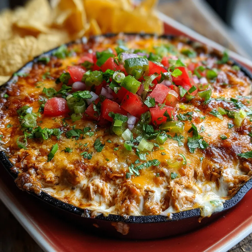 Baked Texas Trash Dip in a casserole dish with melted cheese topping and sliced green onions.