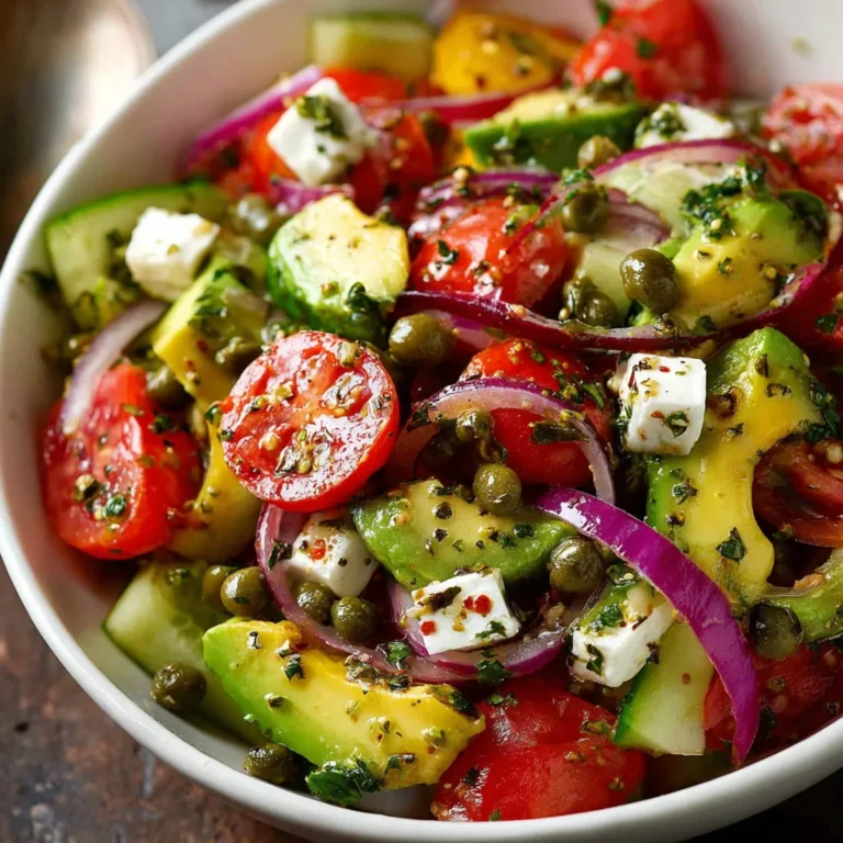 A bowl of vibrant Greek salad with diced avocado, cherry tomatoes, cucumbers, red onions, capers, olives, and feta cheese.