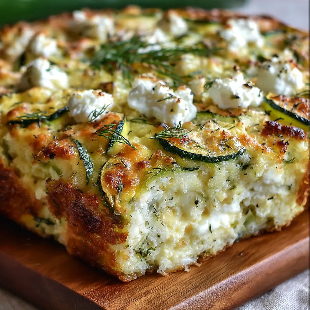 Freshly baked zucchini, feta, and dill cottage cheese casserole in a baking dish, golden and bubbling.