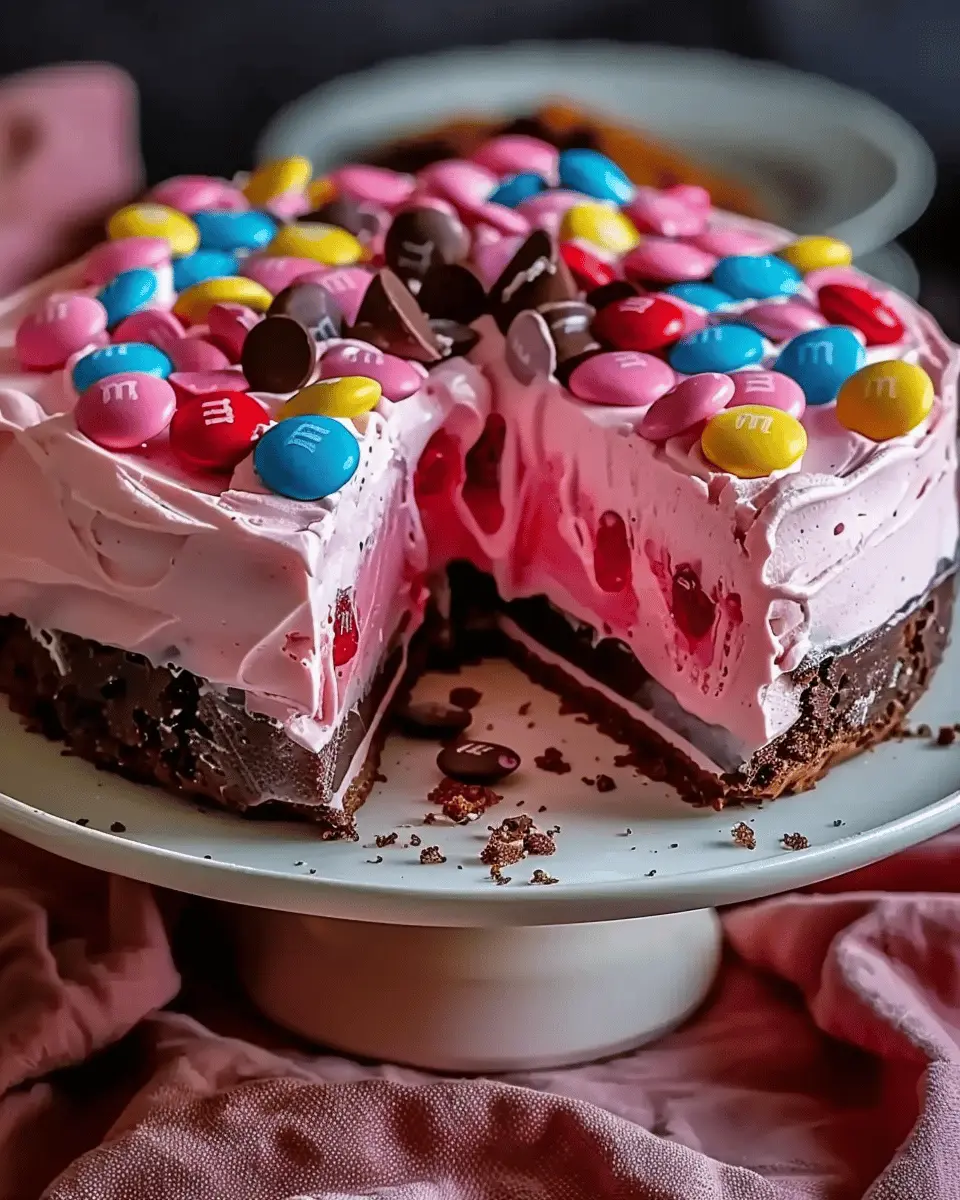 Pink M&M Snickers Cheesecake