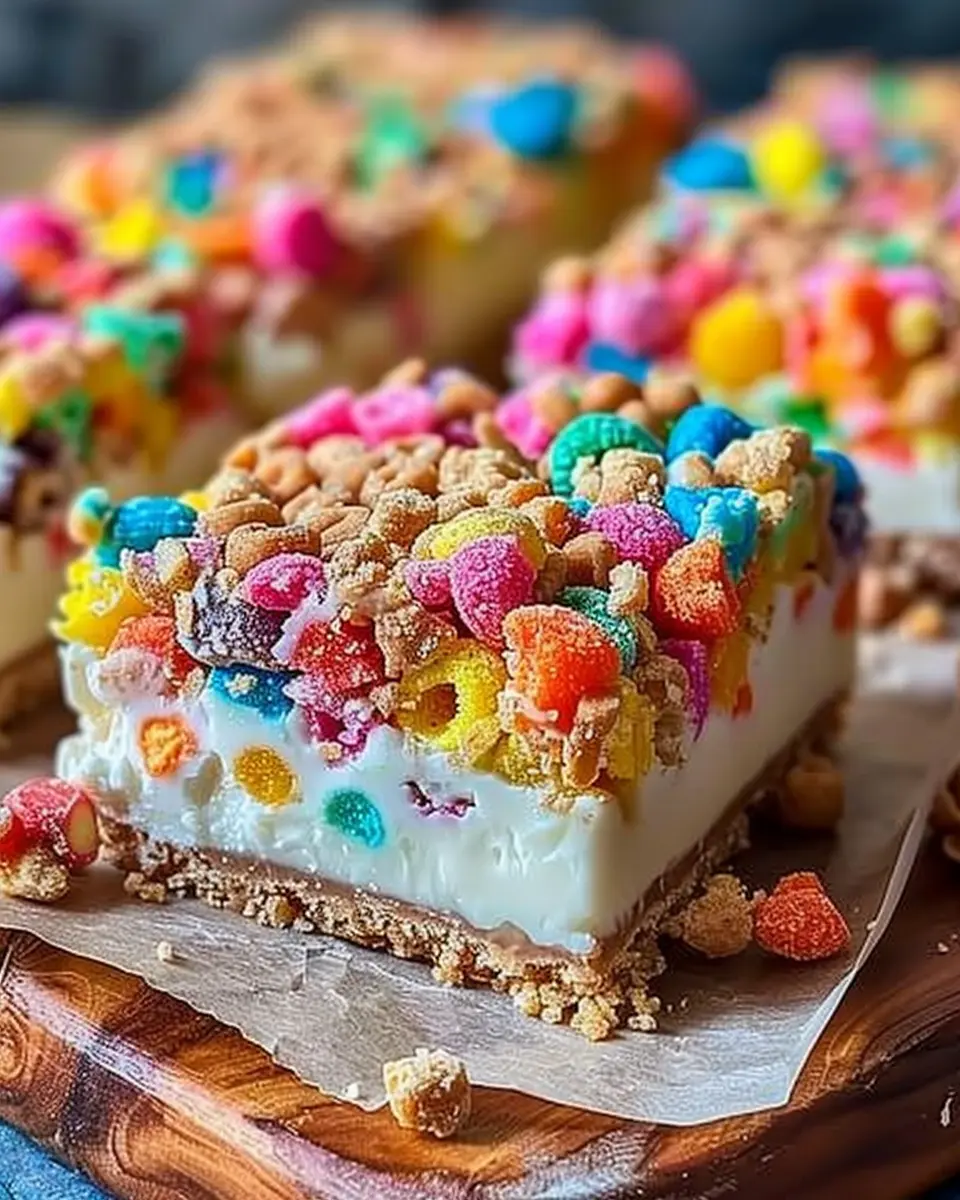 Fruity Pebbles Cookie Cheesecake Bars