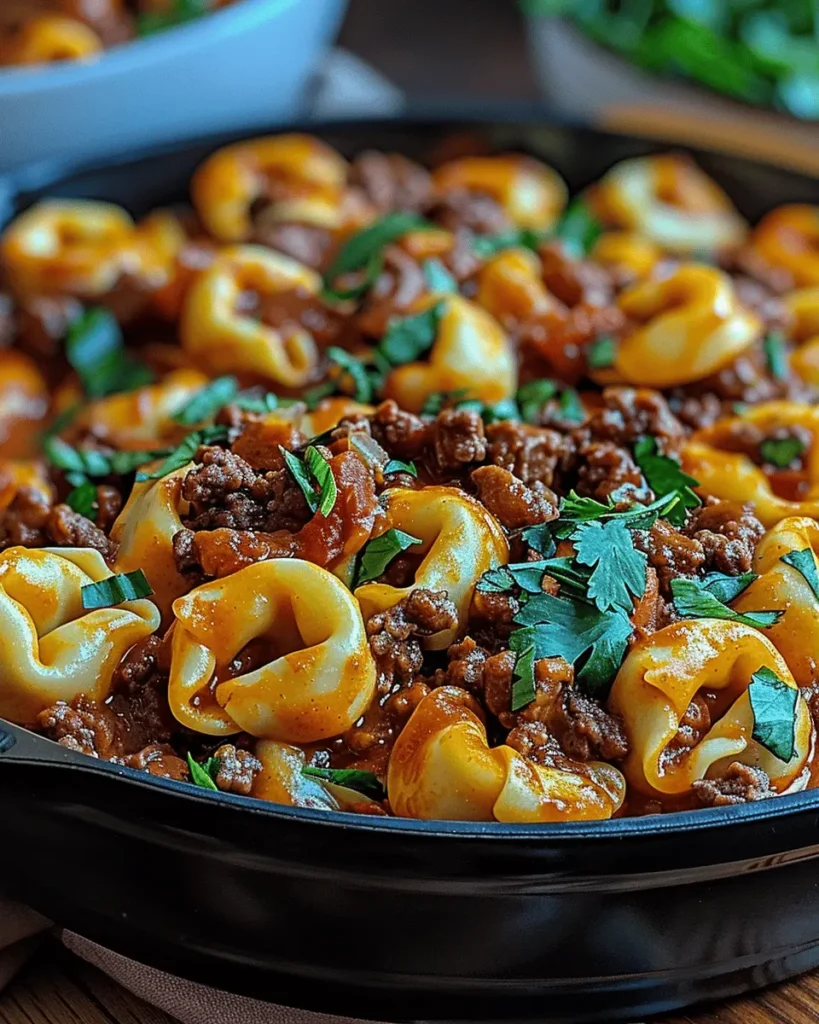 One-Pot Cheesy Enchilada Tortellini with Beef