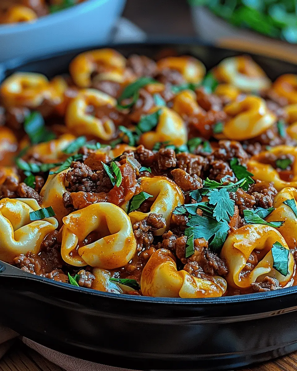 One-Pot Cheesy Enchilada Tortellini with Beef
