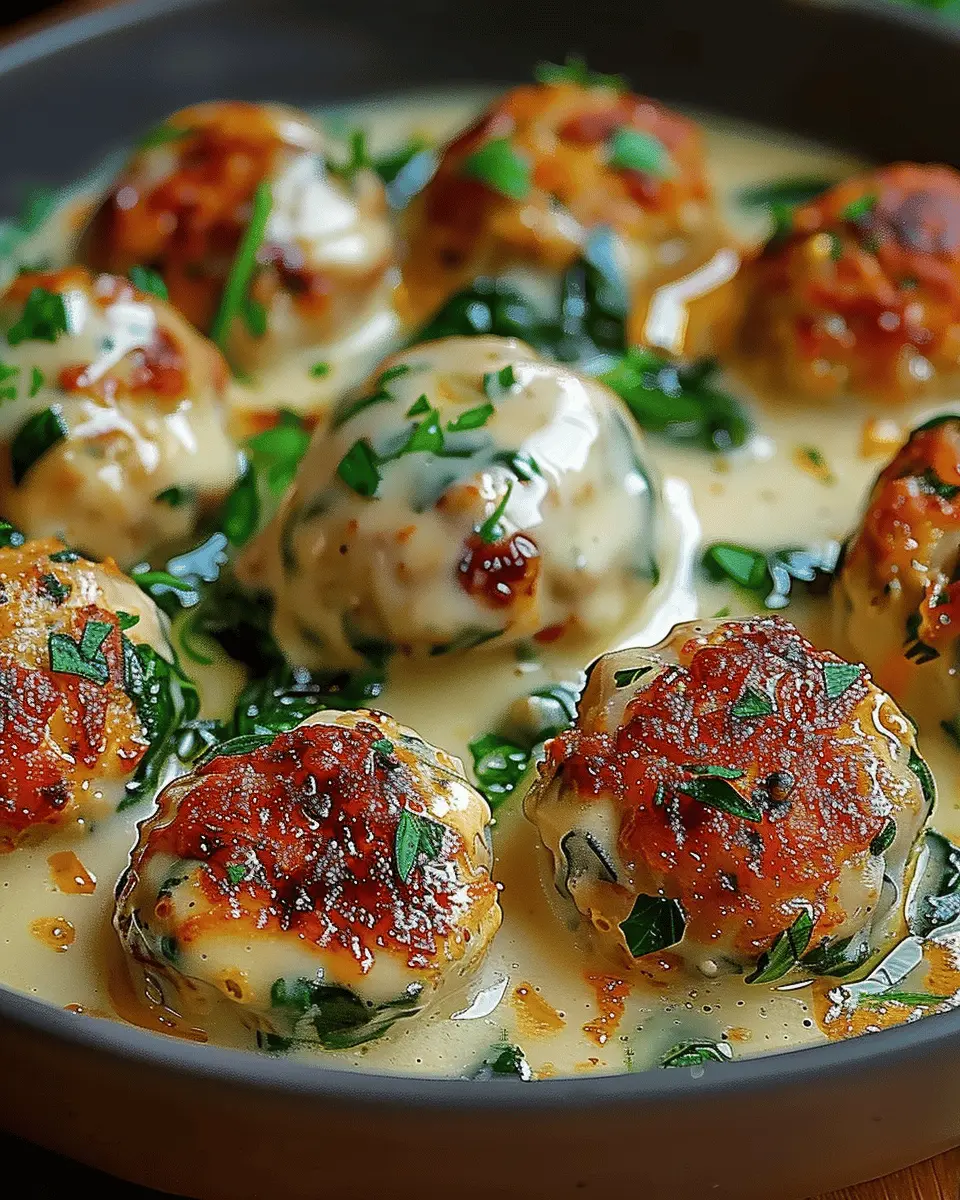 Baked Chicken Ricotta Meatballs with Spinach Alfredo Sauce