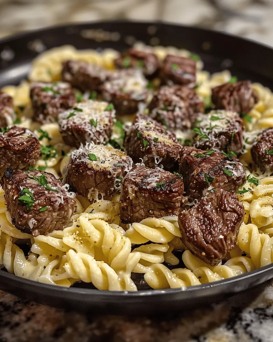 Garlic Butter Steak Bites & Creamy Alfredo Pasta