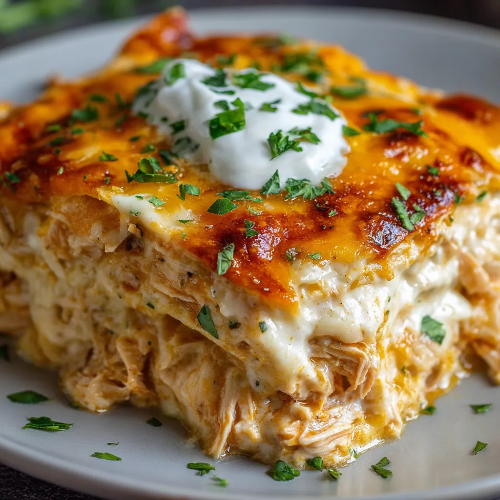 A fresh-baked cream chicken enchilada casserole in a white ceramic dish topped with melted cheese and cilantro