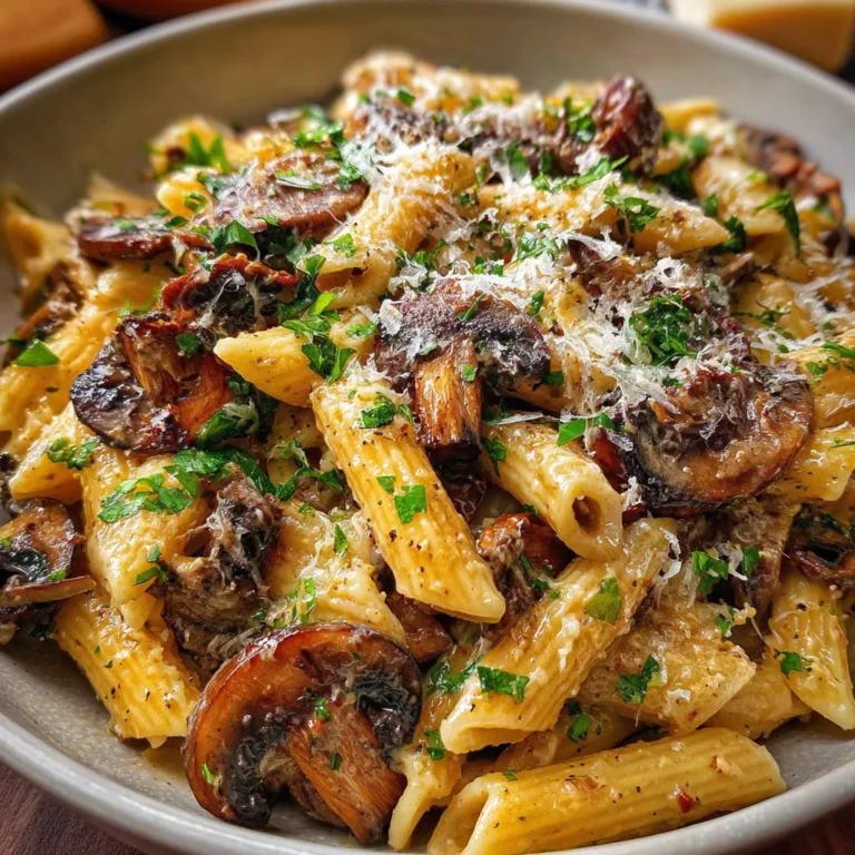 Creamy mushroom pasta served in a white bowl topped with parmesan and parsley