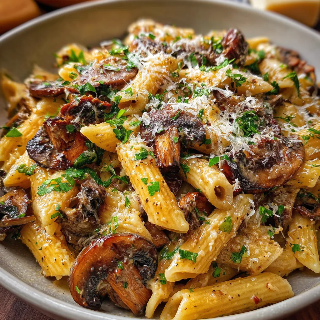 Creamy mushroom pasta served in a white bowl topped with parmesan and parsley