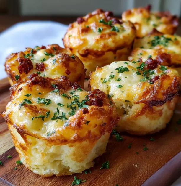 A tray of golden-brown cheesy mashed potato puffs fresh out of the oven.