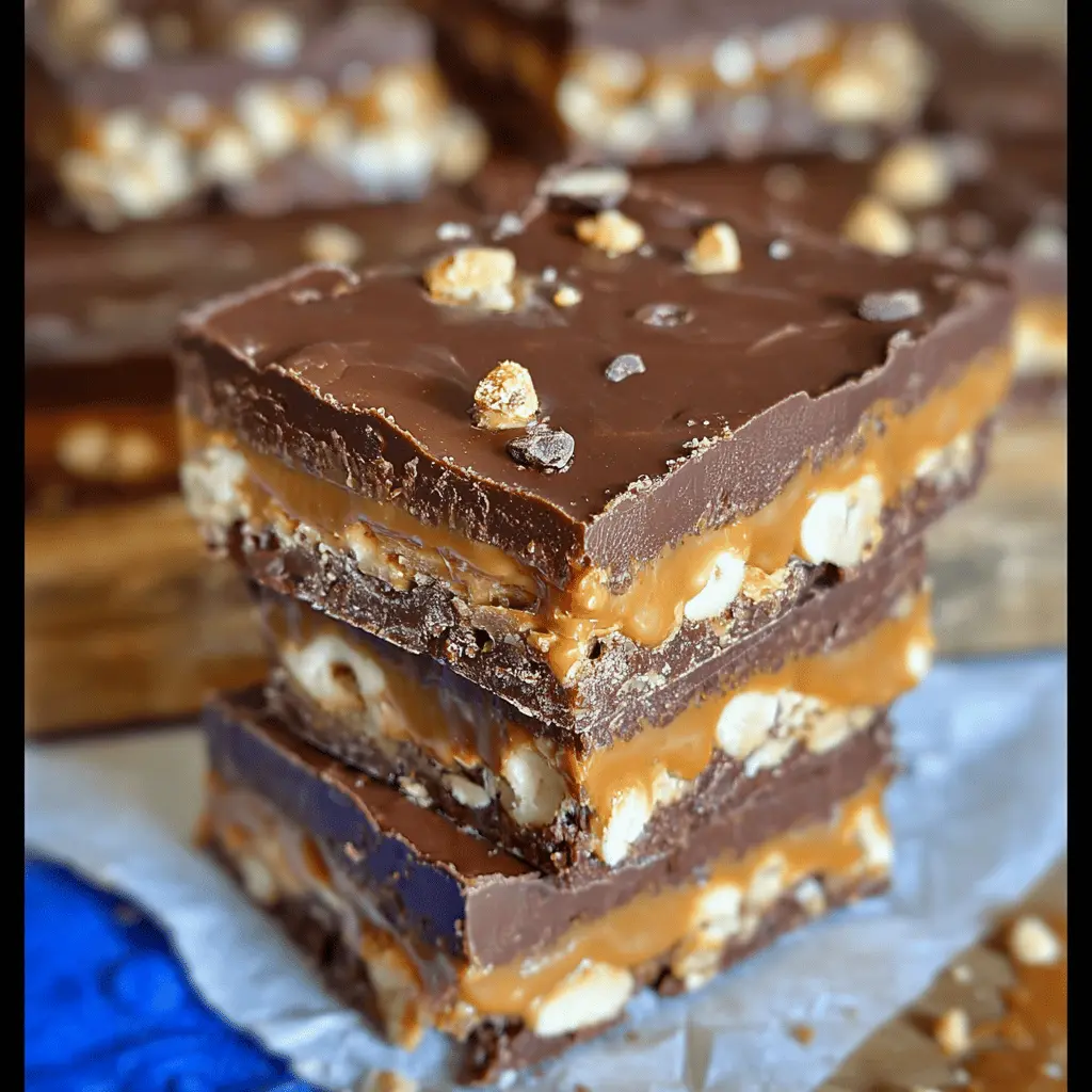 No Bake Crispy Snickers Bars