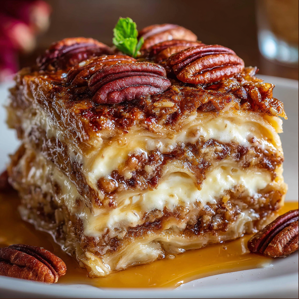 Layered pecan pie lasagna with graham cracker crust, cream cheese, pecan filling, and whipped topping in a white baking dish.