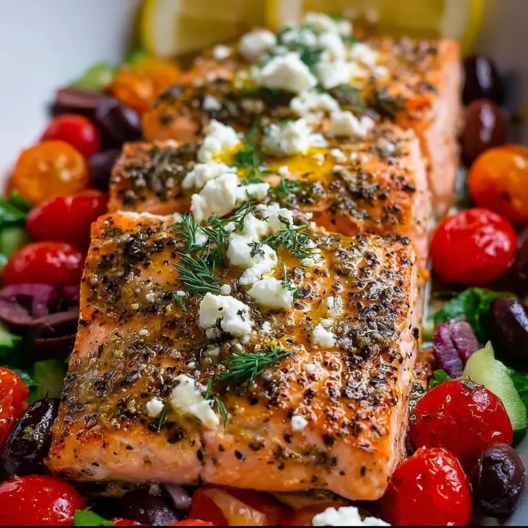 Pan-seared Greek salmon fillet topped with fresh tomato, cucumber, olives, and feta.