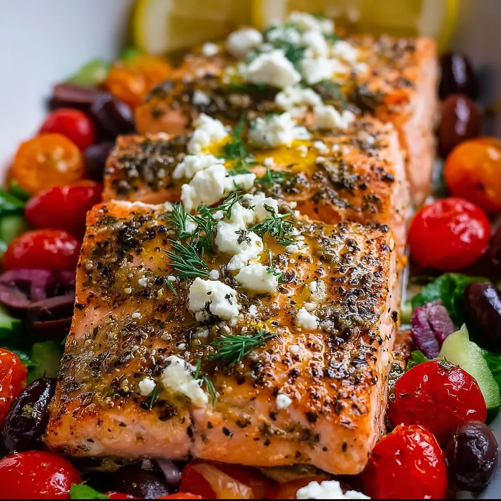 Pan-seared Greek salmon fillet topped with fresh tomato, cucumber, olives, and feta.