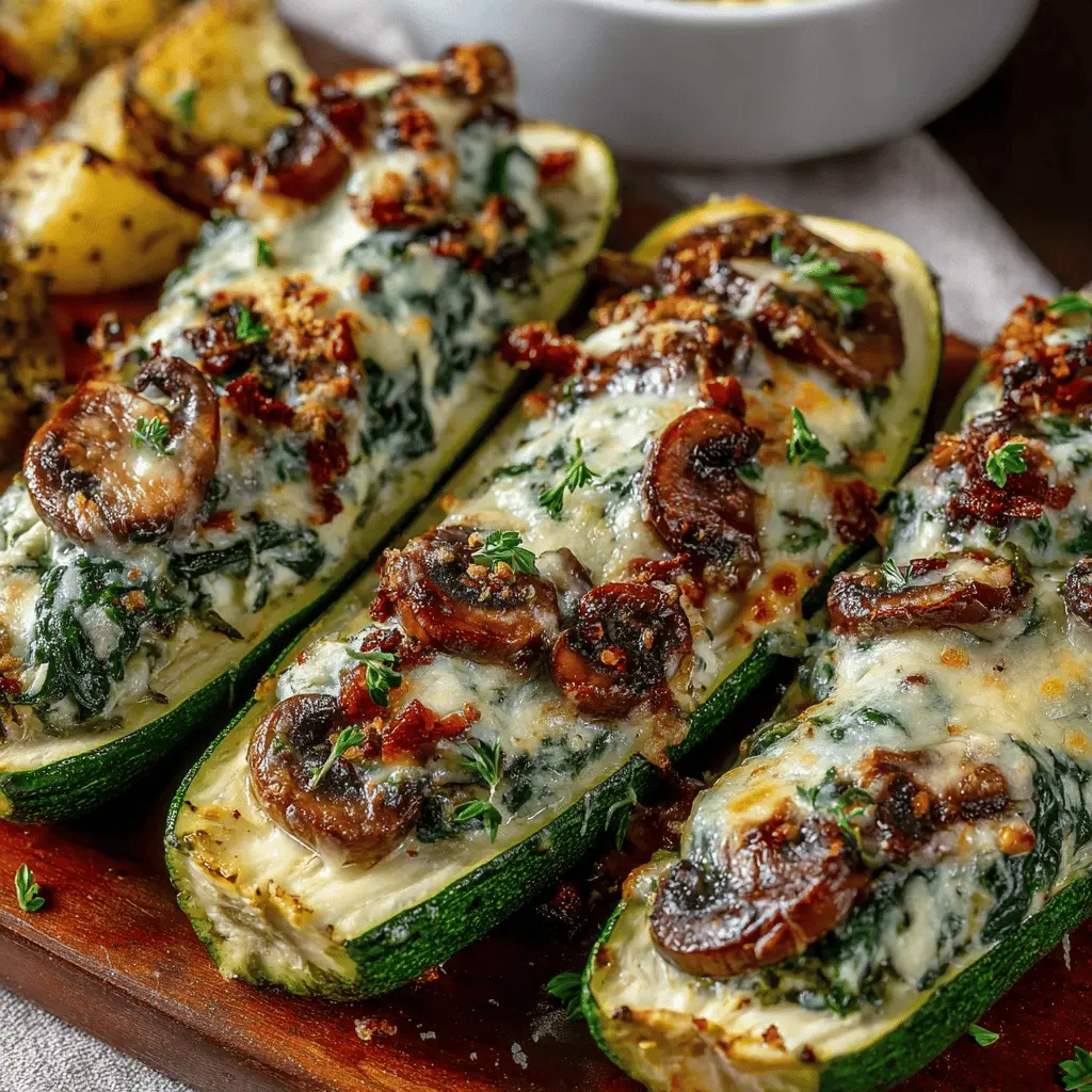 Spinach, Mushroom, and Ricotta Stuffed Zucchini Boats