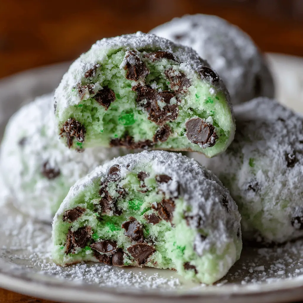 Mint Chocolate Chip Snowball Cookies