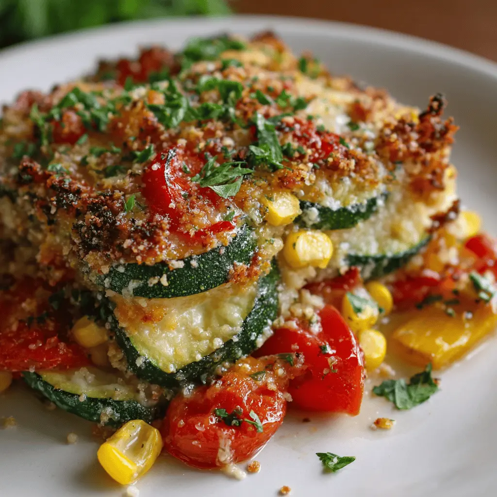 Zucchini Corn Tomato Bake with Parmesan Crust