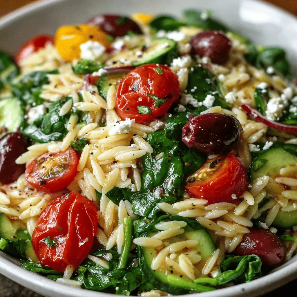 Greek Orzo Salad with Cherry Tomatoes, Olives, Cucumber, Spinach, and Feta