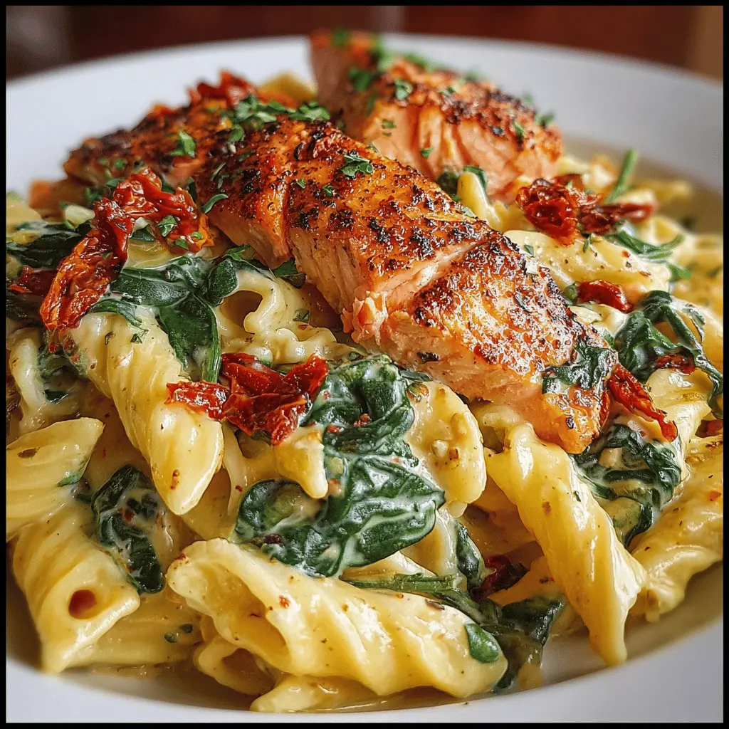 Creamy Tuscan Salmon Pasta with Sun-Dried Tomatoes and Spinach