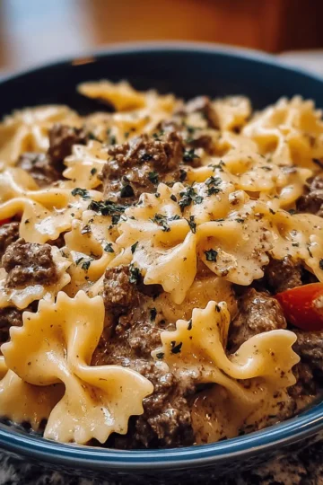 Garlic Butter Bowtie Pasta with Ground Beef