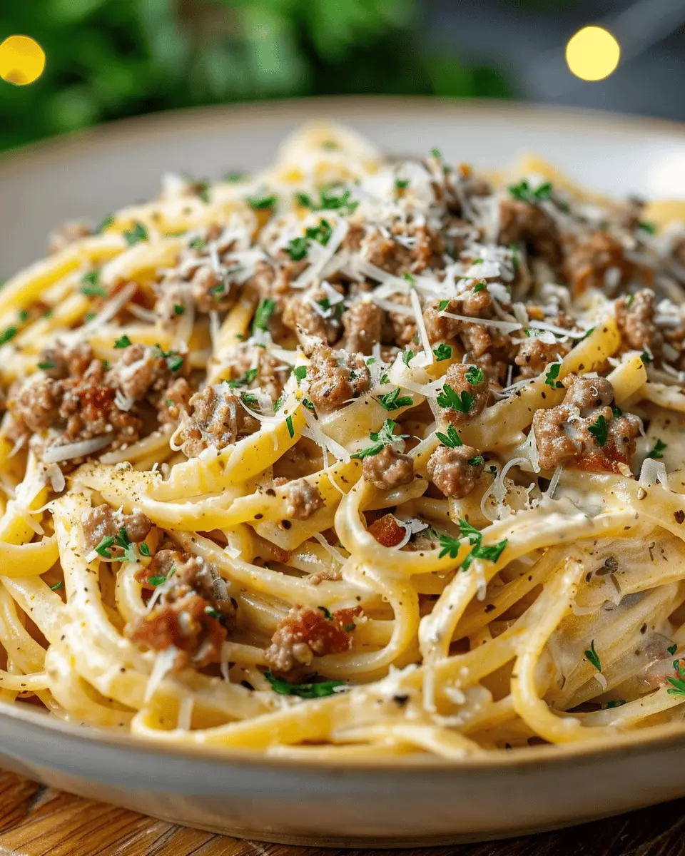 Savory Garlic Butter Ground Beef Linguine in Creamy Parmesan Sauce