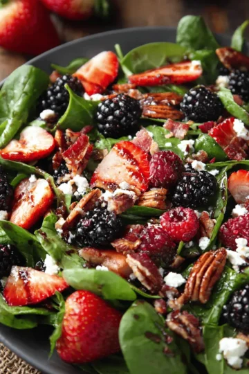 Strawberry Blackberry Spinach Salad with Pecans, Feta, and Balsamic Glaze
