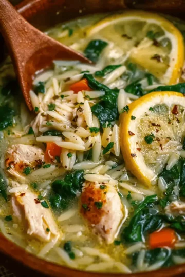 Lemon Chicken Orzo Soup with Spinach