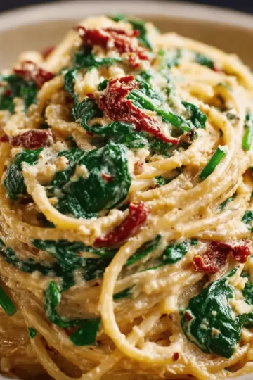 Spaghetti & Spinach with Sun-Dried Tomato Cream Sauce