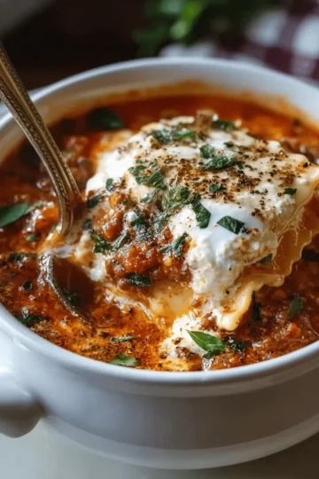 Creamy Lasagna Soup with Ricotta Topping